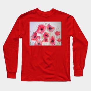 Red Poppy Party Watercolor flower Painting Long Sleeve T-Shirt